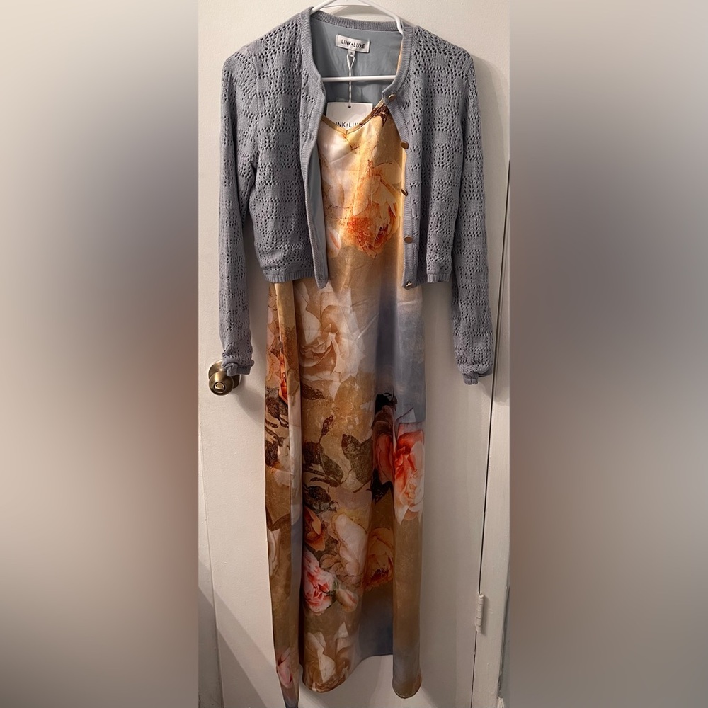 Floral Maxi Dress with Gray Cardigan